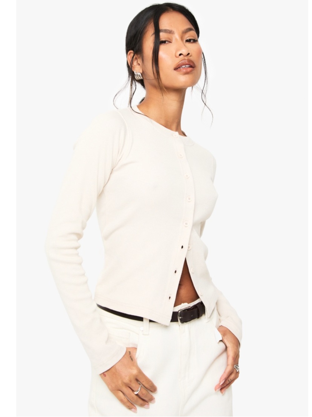 Ribbed Button Front Jersey Top Cardigan Long Sleeve Neutral Beige Size 4 Small